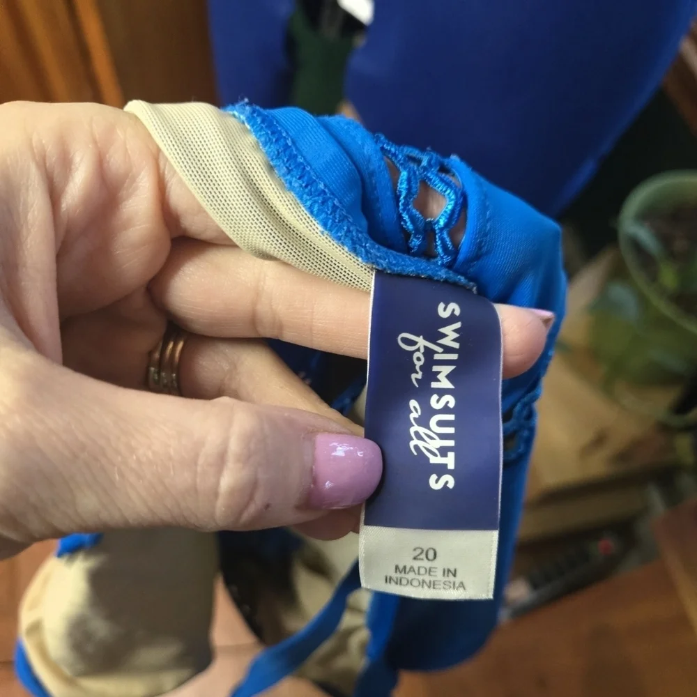 Swimsuits For All Electric Blue V-Neck One-Piece with Crochet Banding - Picture 4 of 4